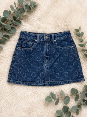 Cotton On Denim Mini Skirt Size 26 Blue Heart Print Y2K